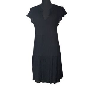 CY Black Crinkle Ruffle Sleeve Tiered Dress